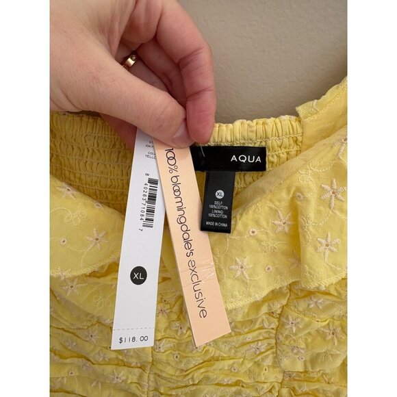 AQUA NWT Yellow Eyelet Mini Off Shoulder Dress Size XL Cottagecore Prairie Boho - Picture 9 of 13
